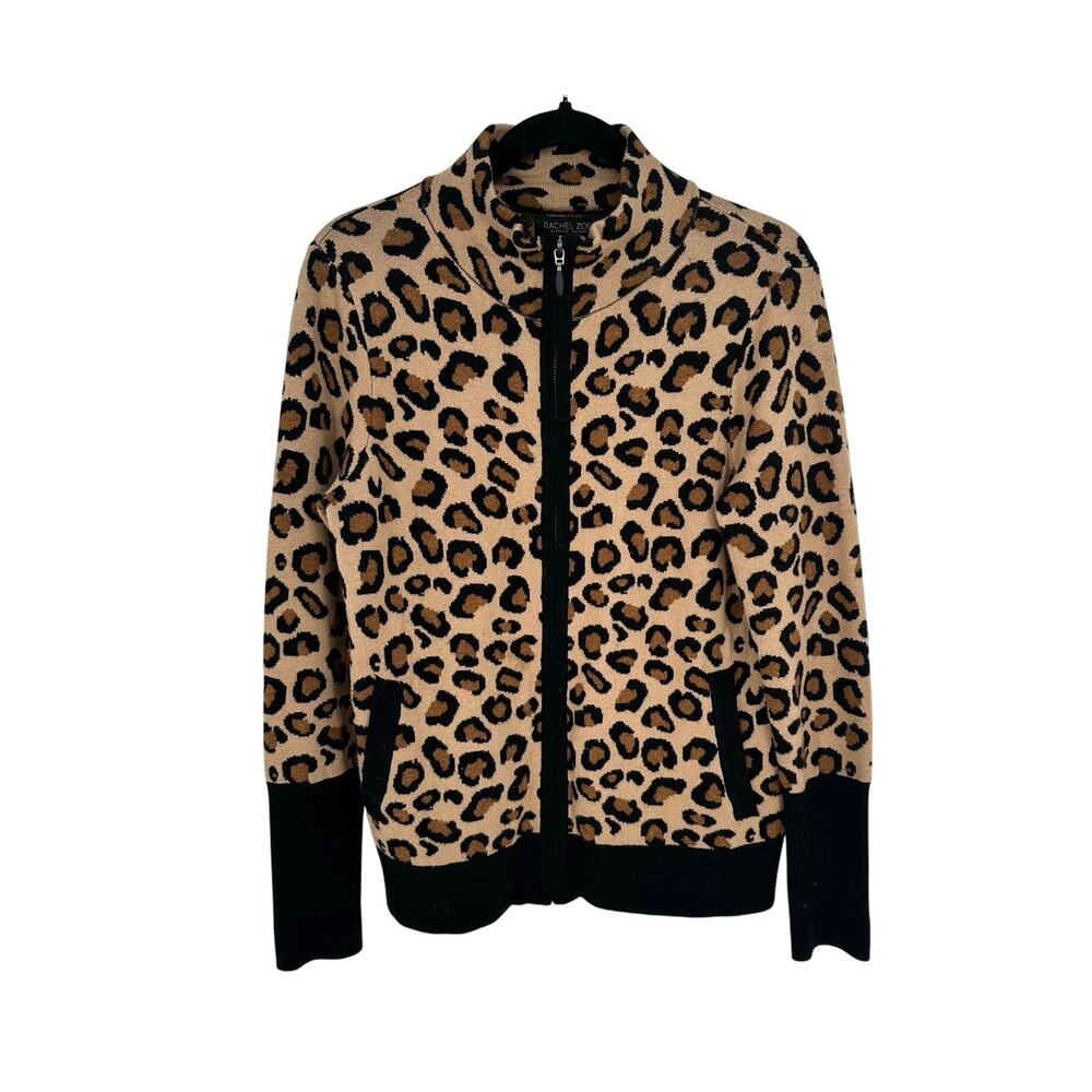 Rachel Zoe Leopard Print Bomber Jacket Womens Medium M Knit Full Zip Tan Black